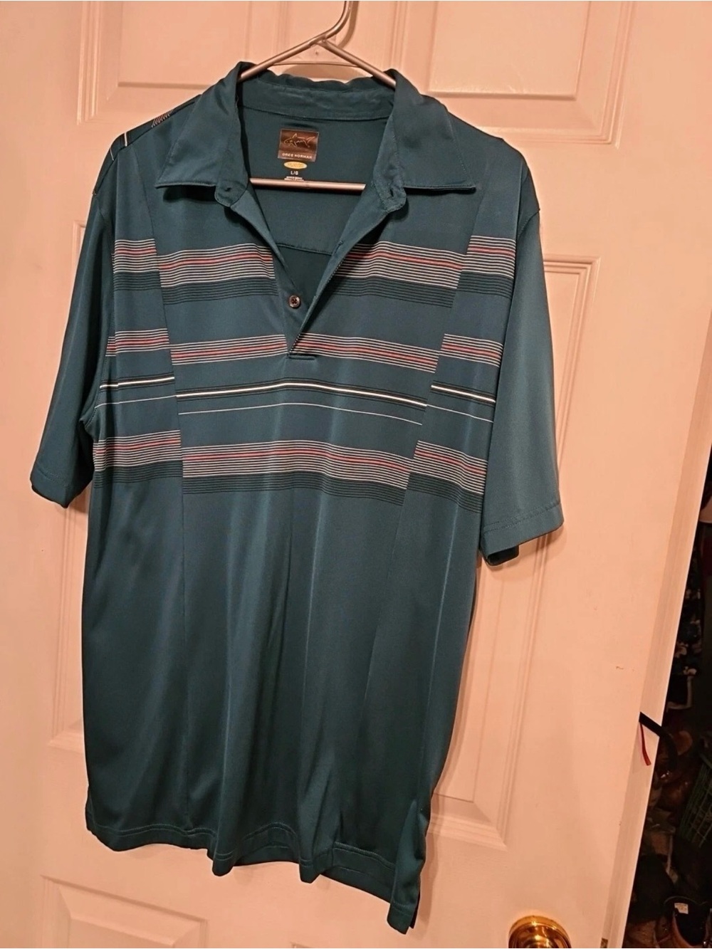 Greg Norman L Shark Logo Mens Dark Green Striped  Top Polo Golf Shirt